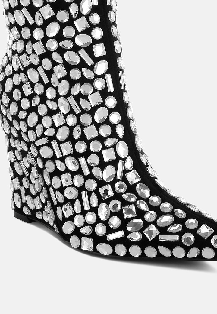 women diamante slim wedge heel boots#color_black