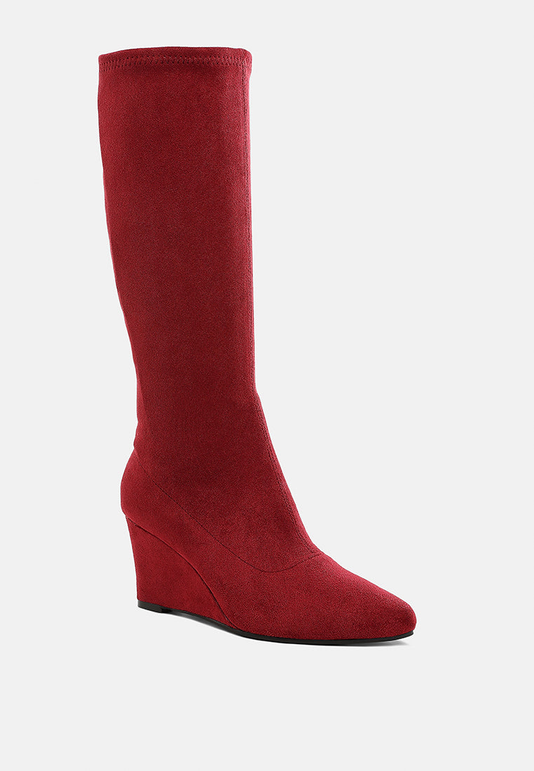 women microfiber wedge heel boots#color_dark-red