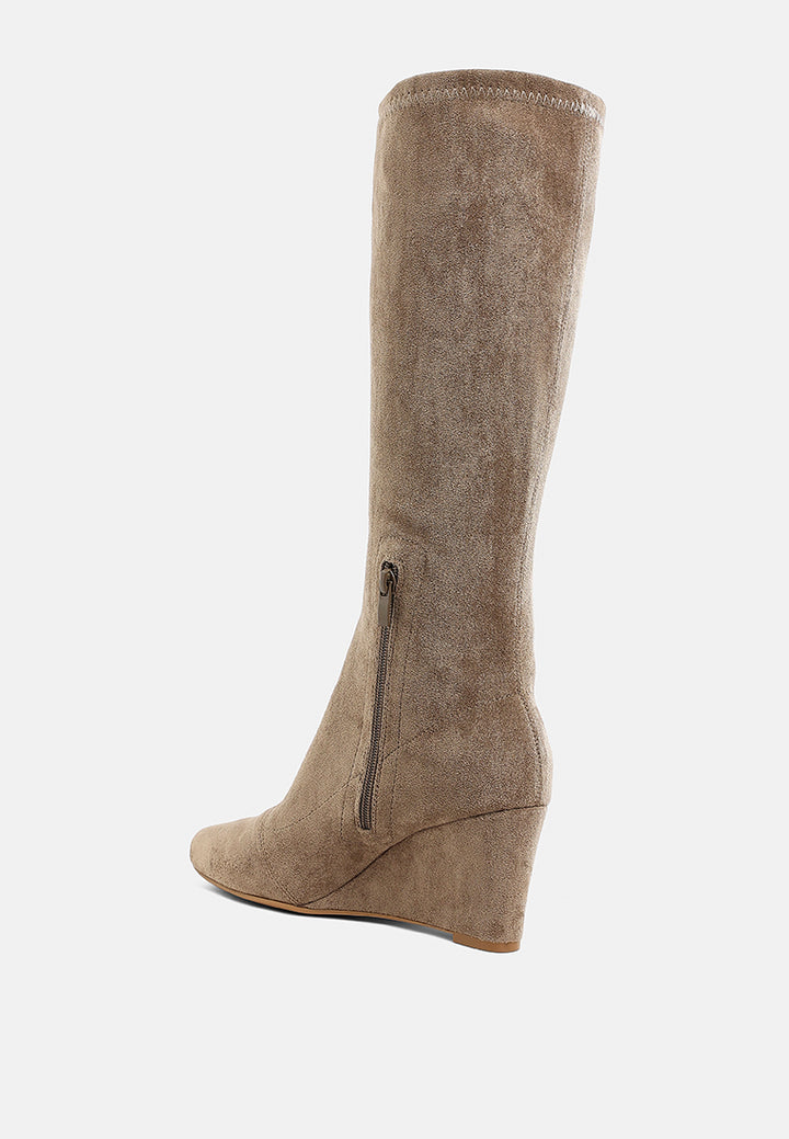 women microfiber wedge heel boots#color_beige