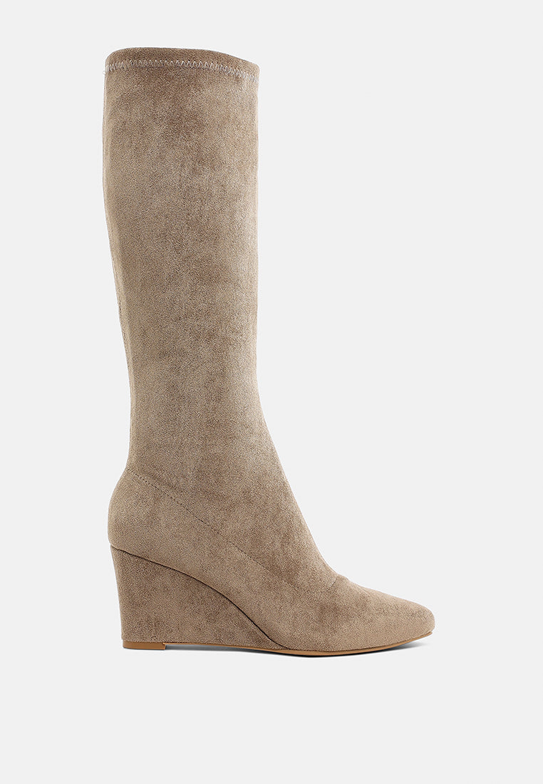 women microfiber wedge heel boots#color_beige