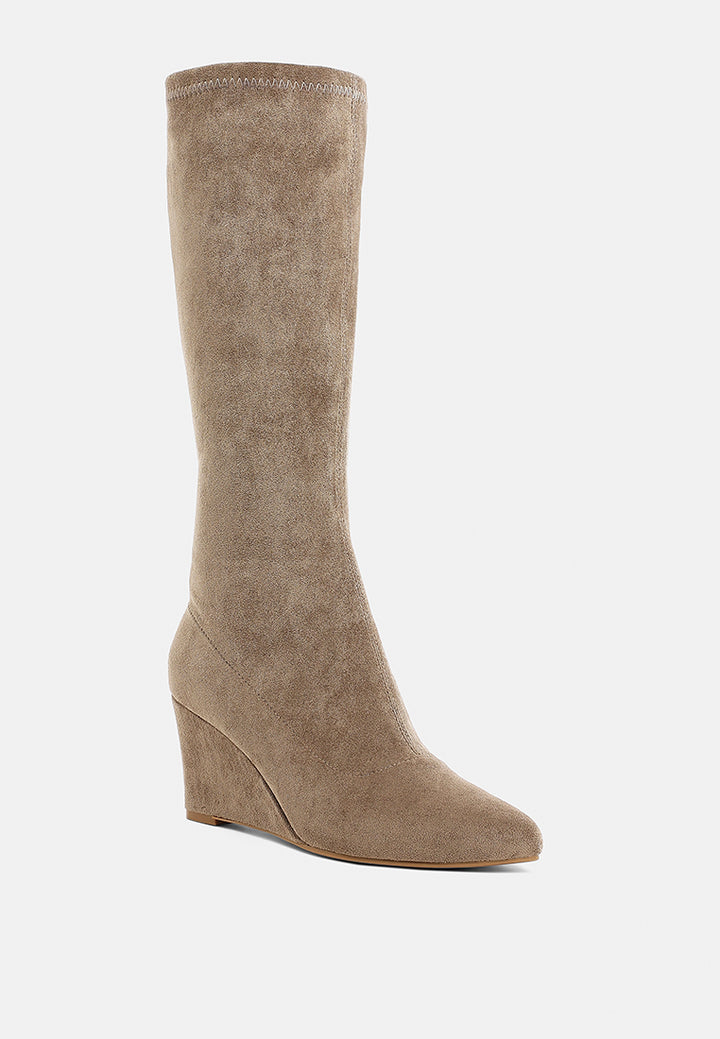 women microfiber wedge heel boots#color_beige
