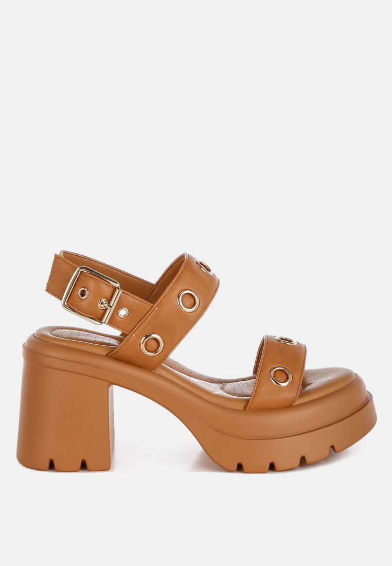 women eyelet detail platform heel sandals#color_tan