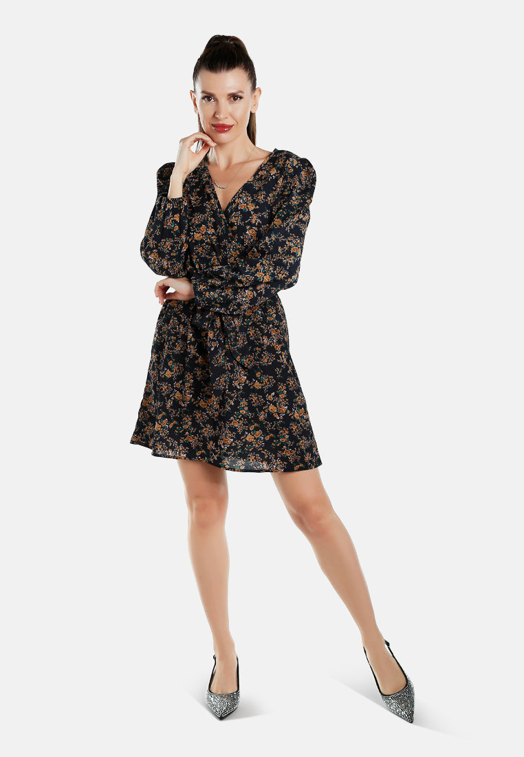 women floral belted mini dress#color_navy