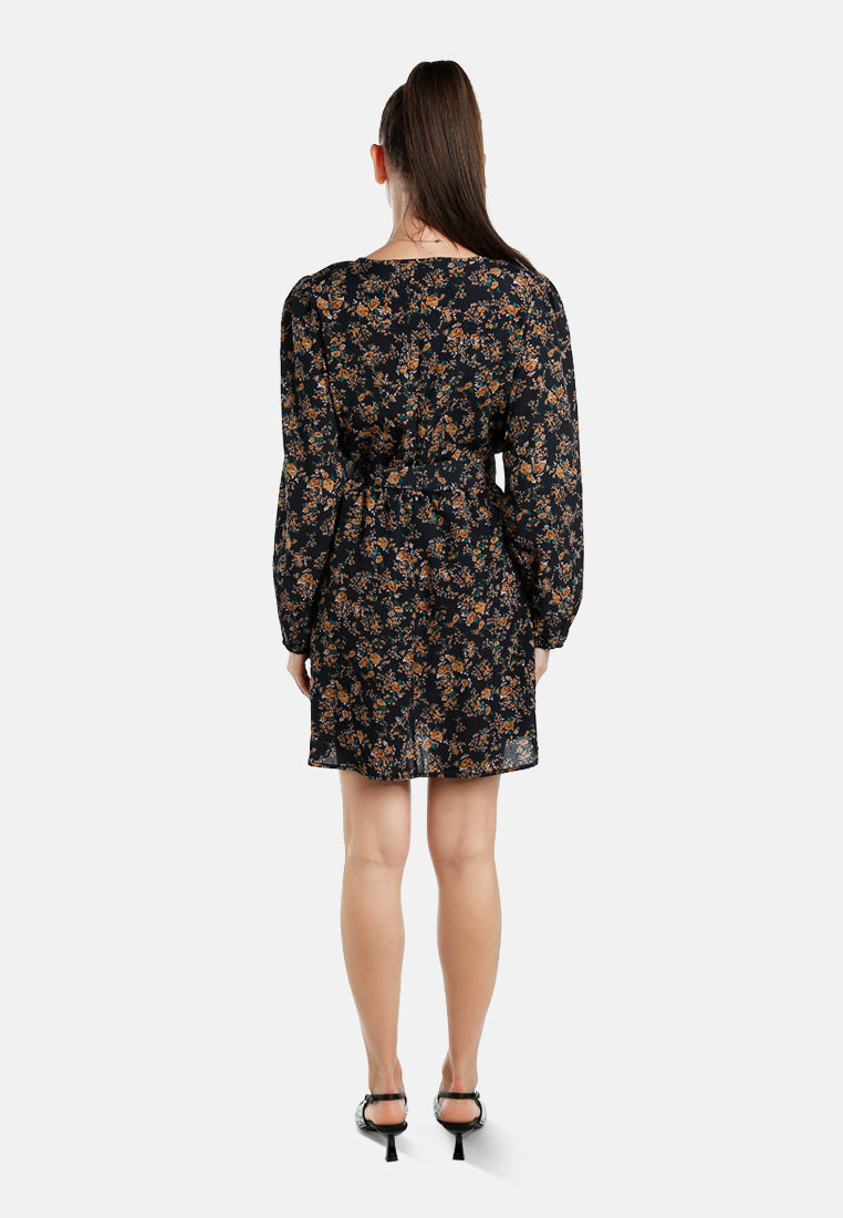 women floral belted mini dress#color_navy