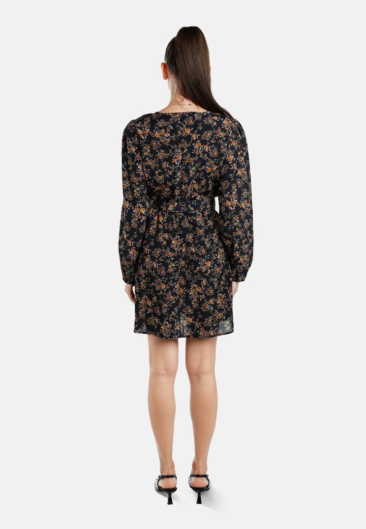 women floral belted mini dress#color_navy