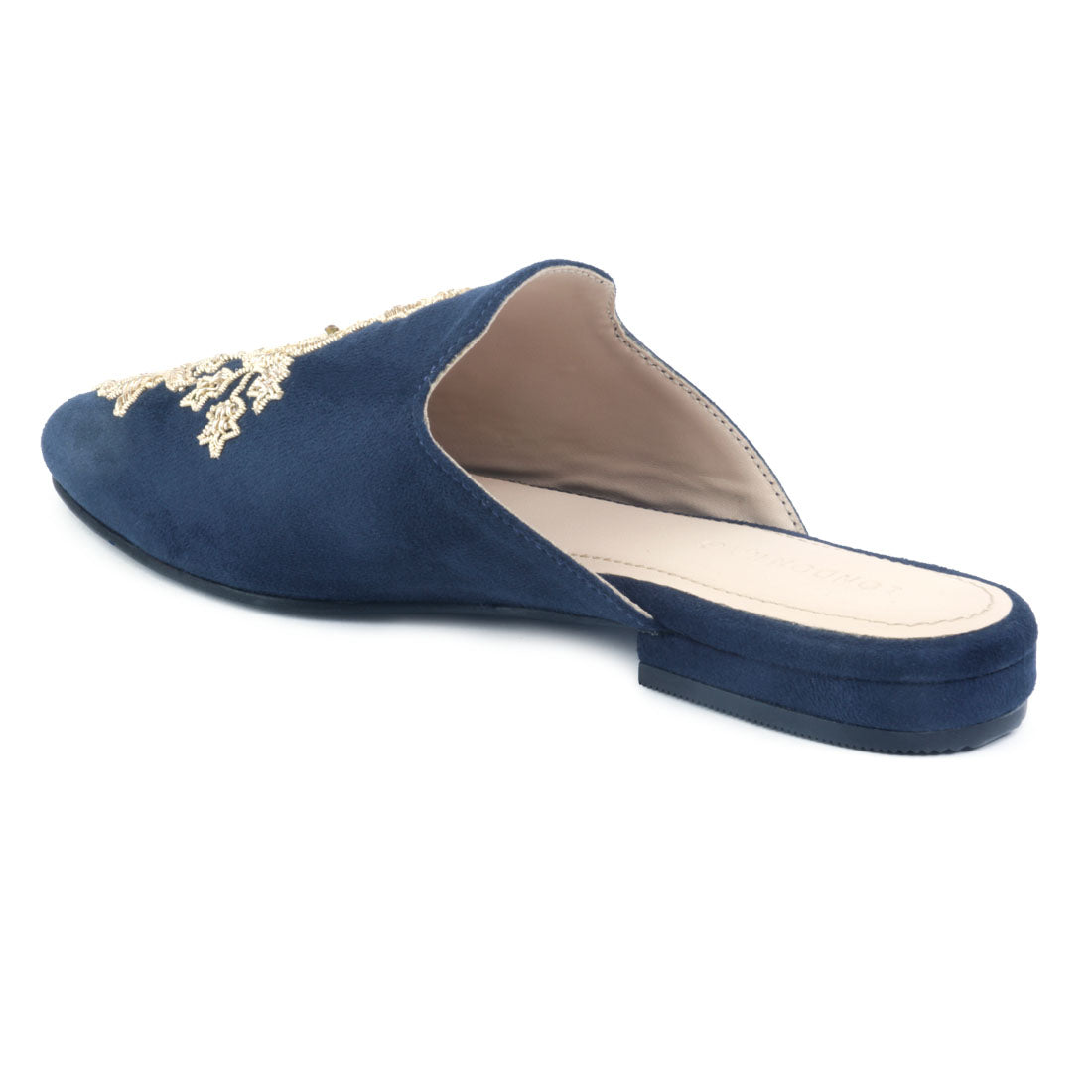 Navy Embroidered Patch Suede Mules