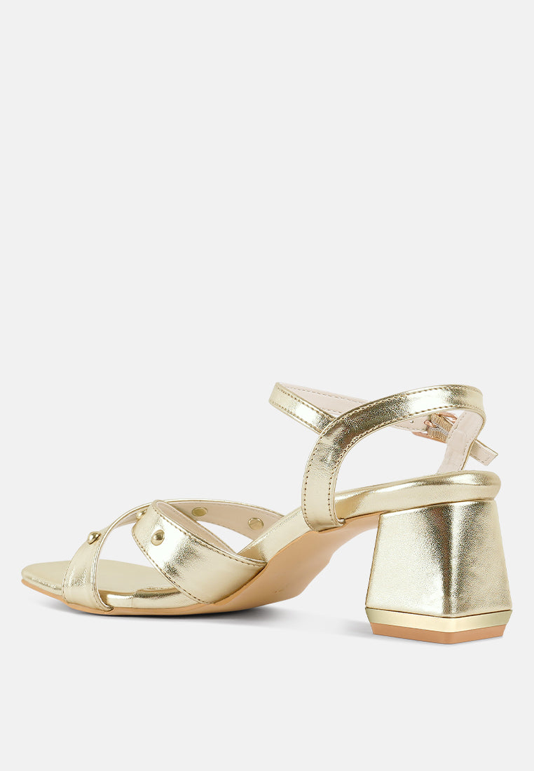 women metallic stud accent block heel sandals#color_gold
