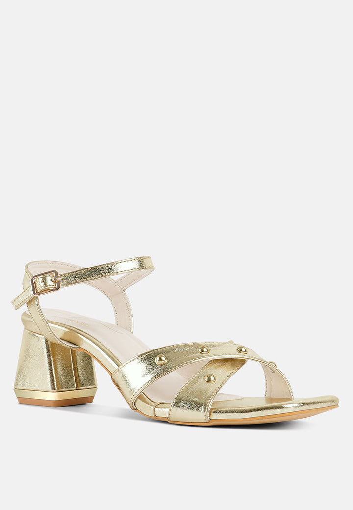 women metallic stud accent block heel sandals#color_gold