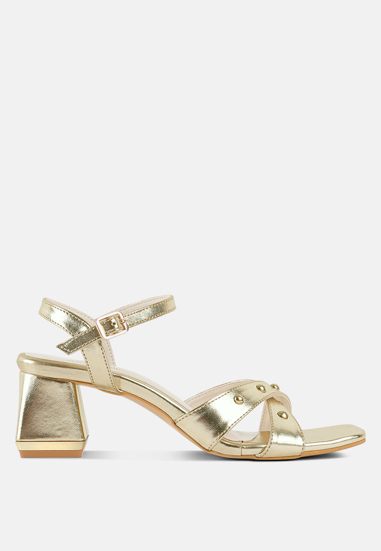 women metallic stud accent block heel sandals#color_gold