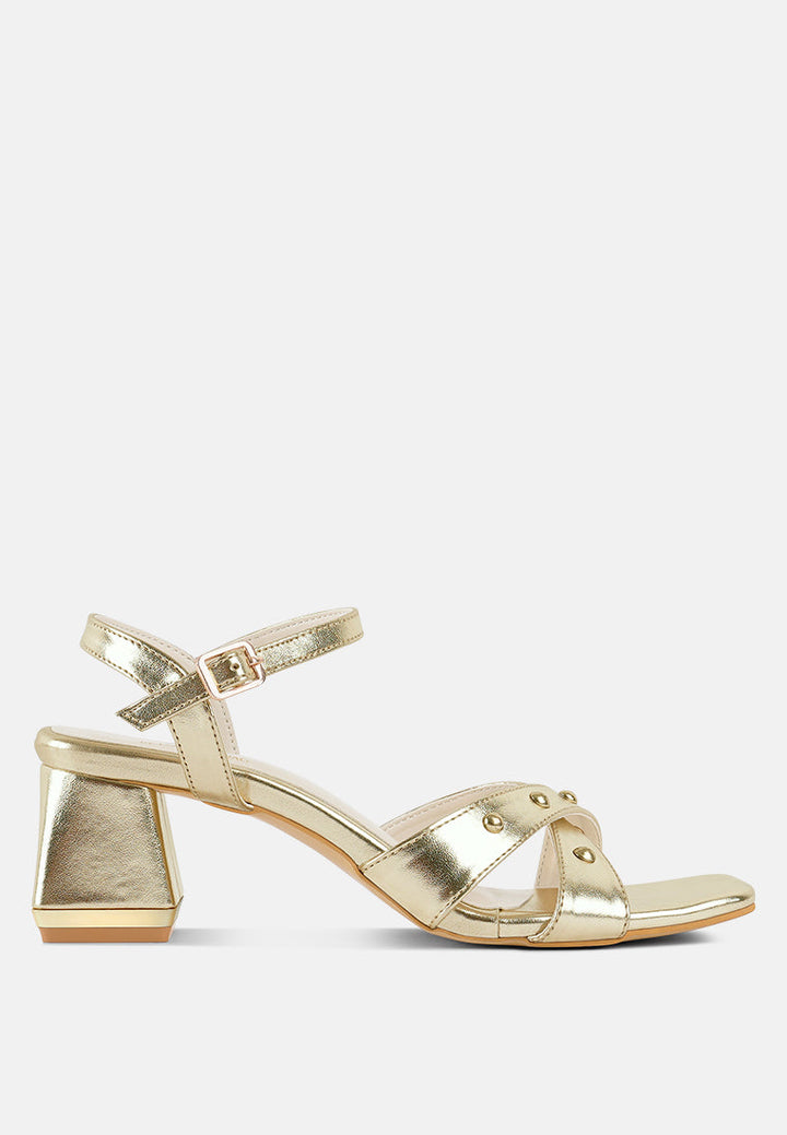 women metallic stud accent block heel sandals#color_gold