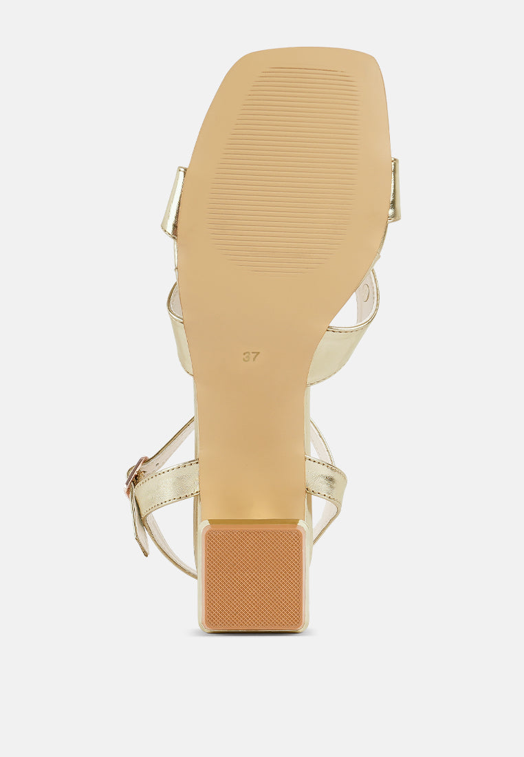women metallic stud accent block heel sandals#color_gold