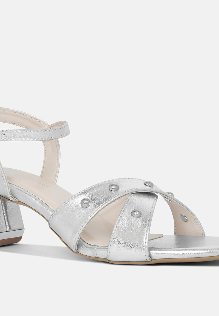 women metallic stud accent block heel sandals#color_silver