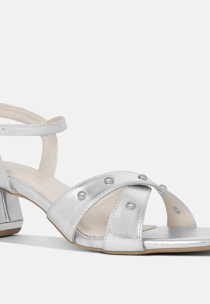 women metallic stud accent block heel sandals#color_silver