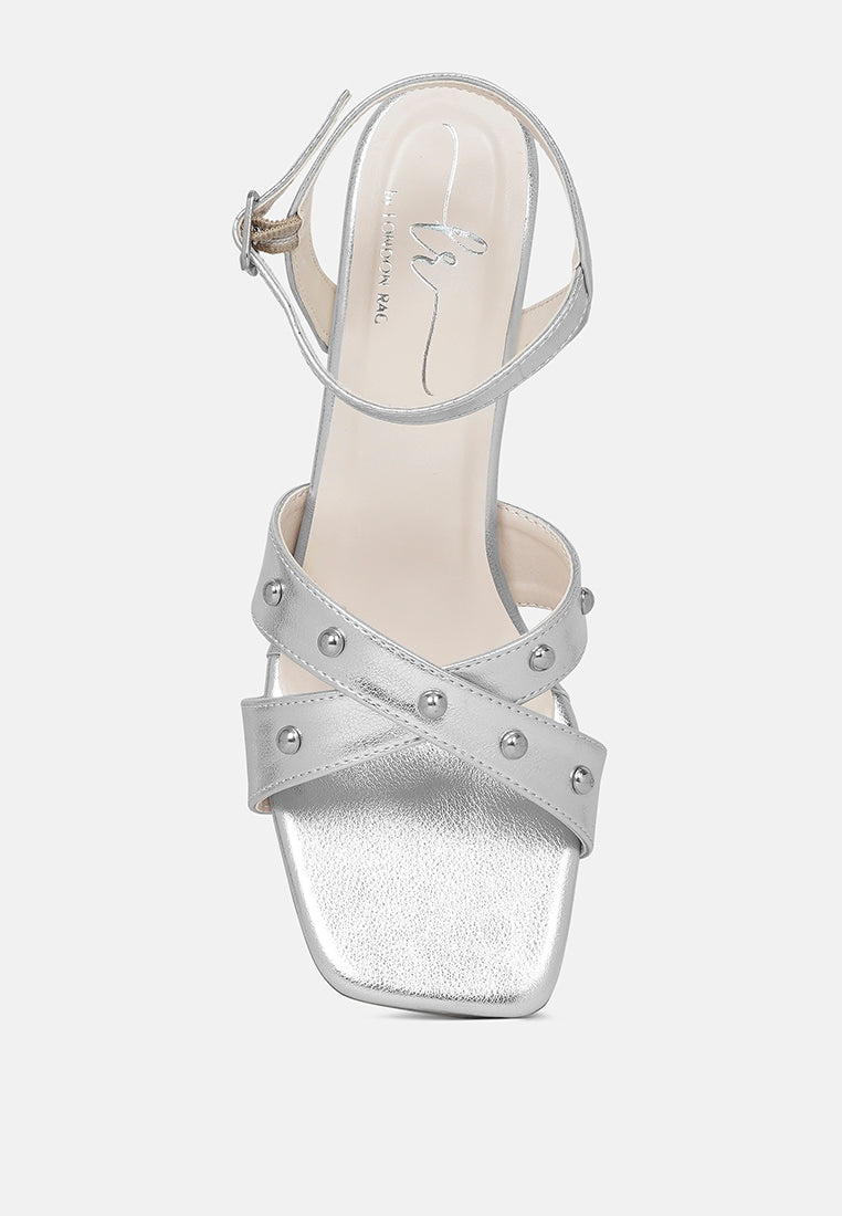 women metallic stud accent block heel sandals#color_silver