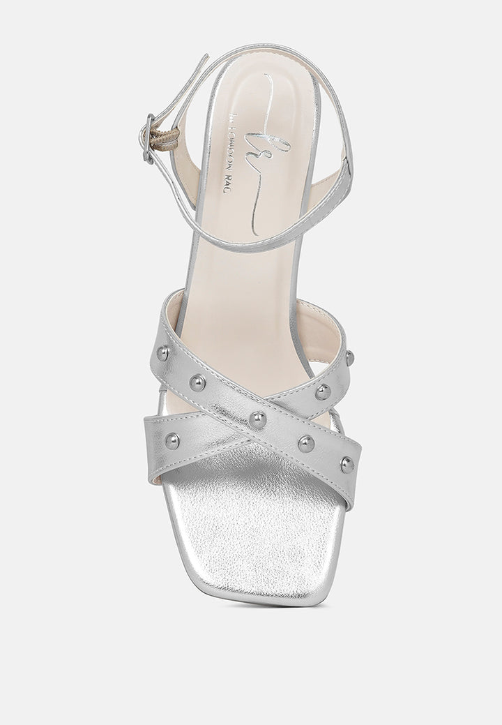 women metallic stud accent block heel sandals#color_silver