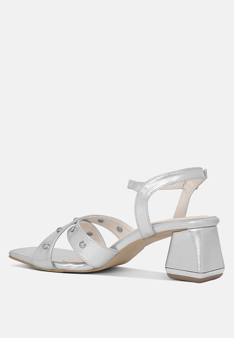 women metallic stud accent block heel sandals#color_silver