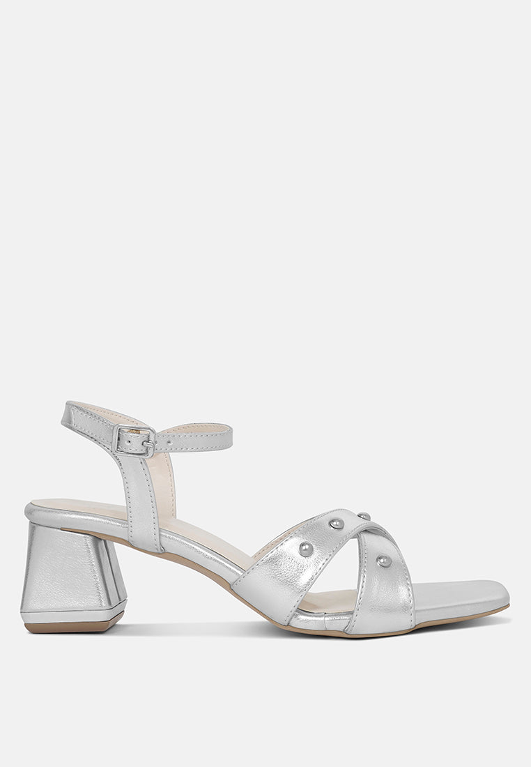 women metallic stud accent block heel sandals#color_silver