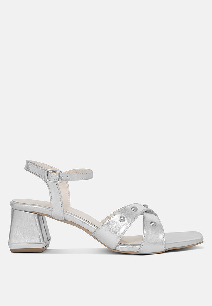 women metallic stud accent block heel sandals#color_silver