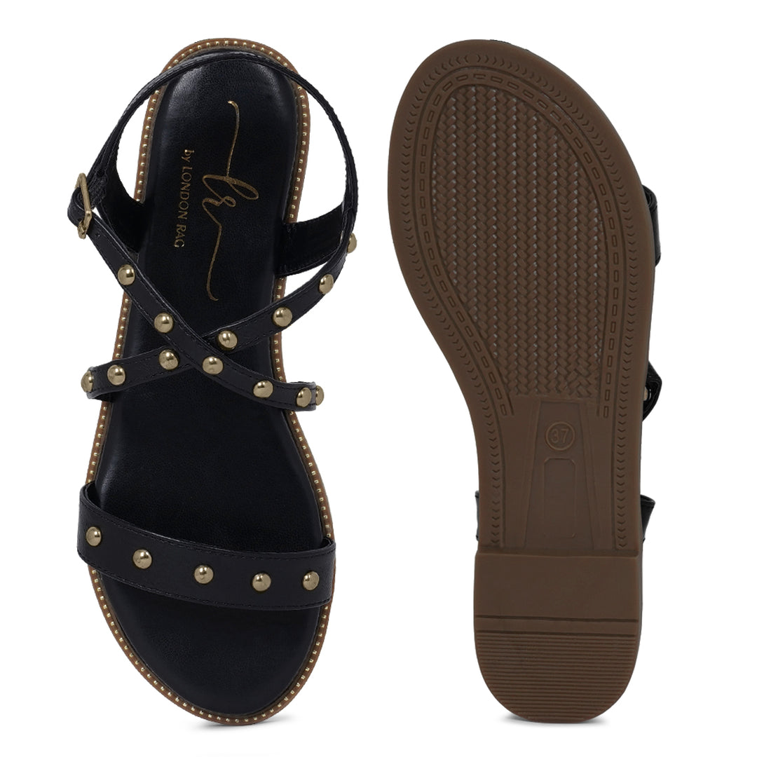 stud embellished strappy flats#color_black