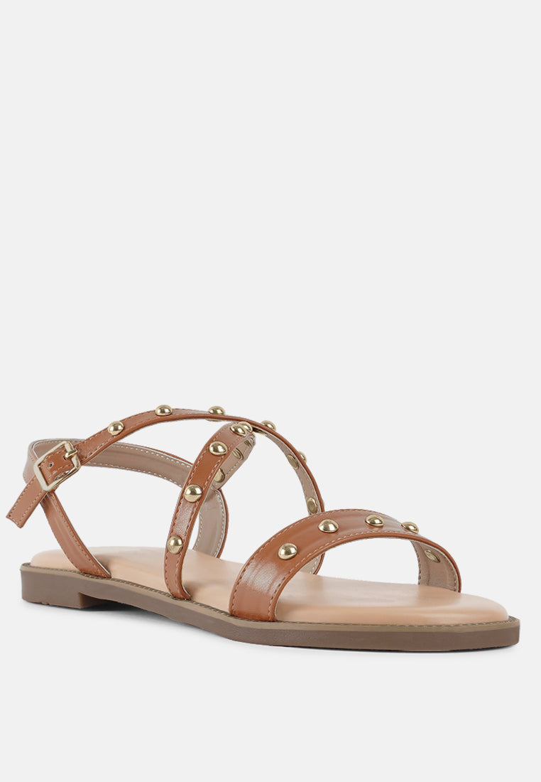 stud embellished strappy flats#color_tan