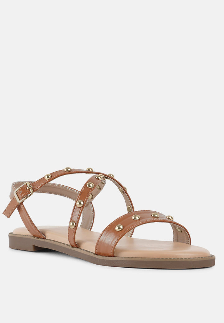 stud embellished strappy flats#color_tan