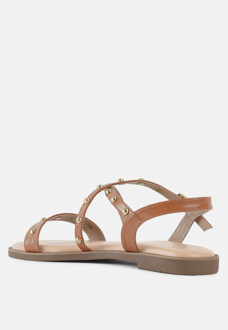 stud embellished strappy flats#color_tan