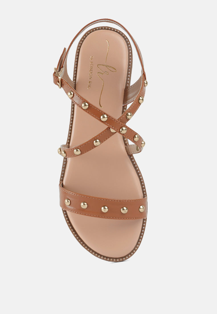 stud embellished strappy flats#color_tan