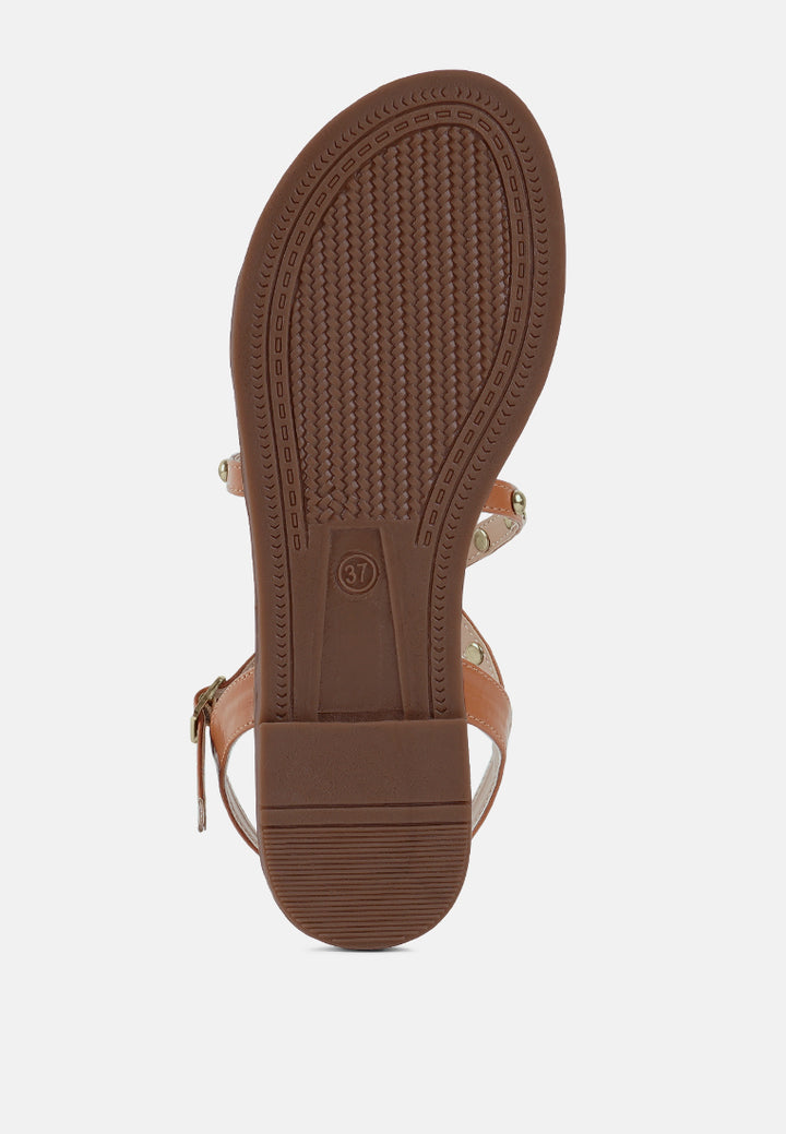 stud embellished strappy flats#color_tan