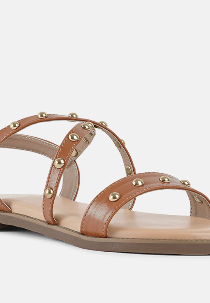 stud embellished strappy flats#color_tan