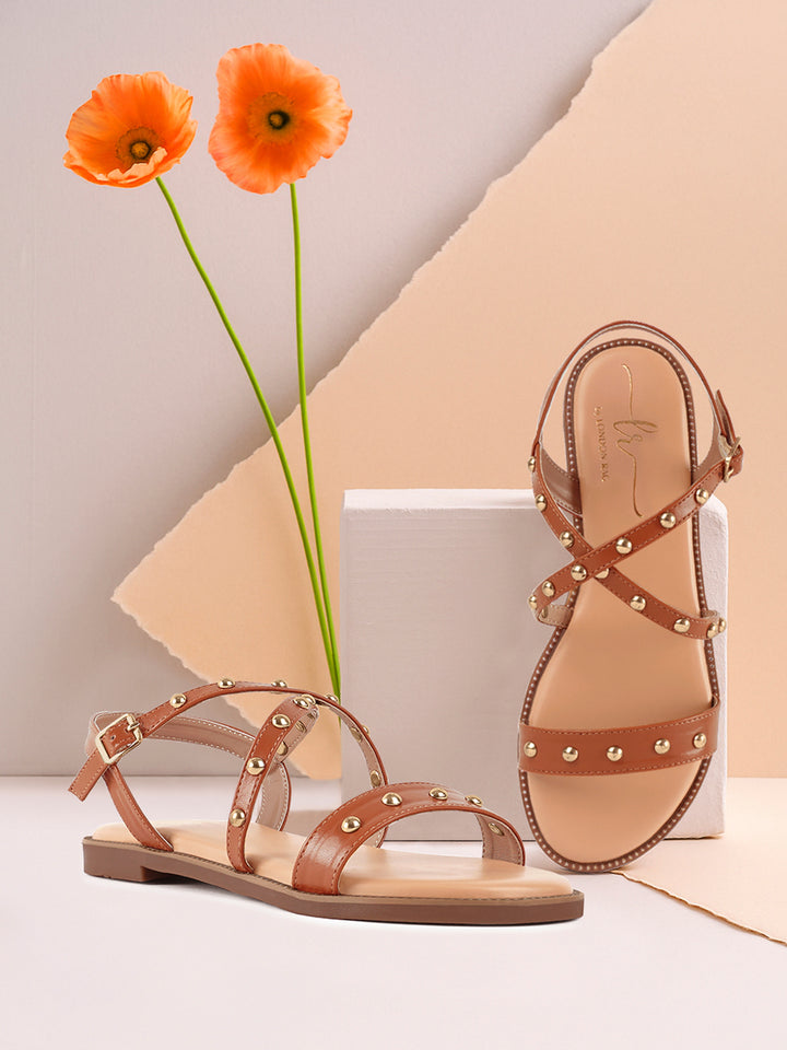 stud embellished strappy flats#color_tan