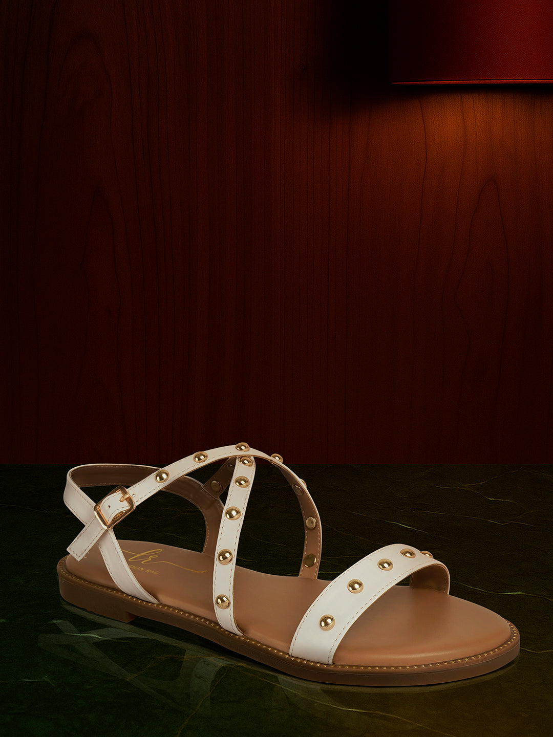 stud embellished strappy flats#color_white