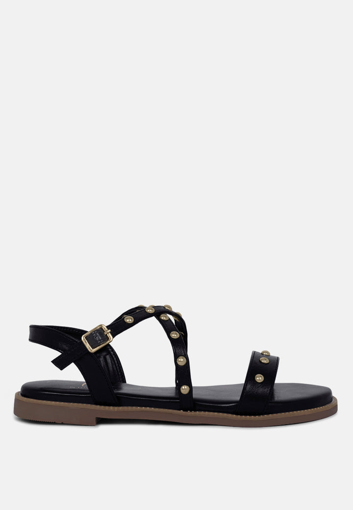 stud embellished strappy flats#color_black