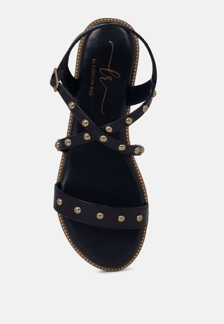 stud embellished strappy flats#color_black