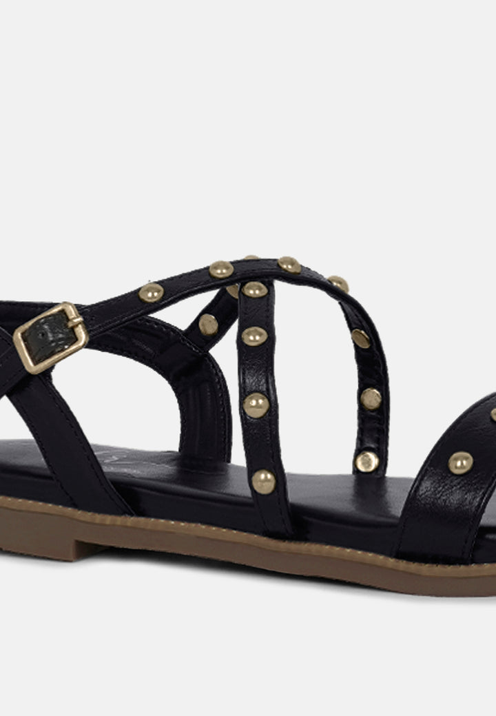 stud embellished strappy flats#color_black