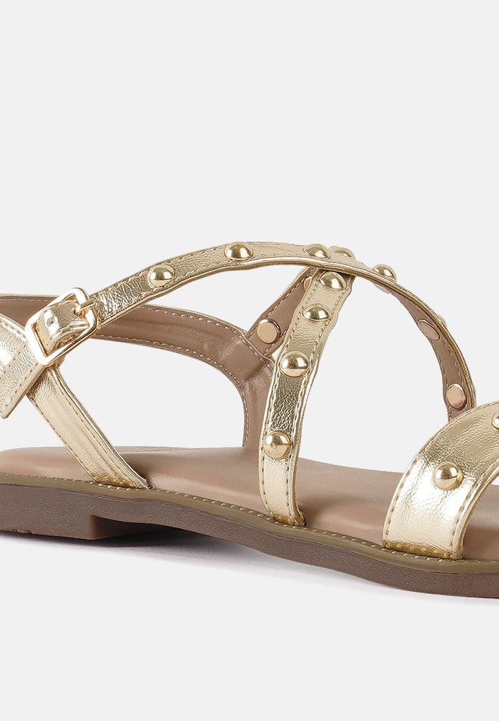 metallic faux leather strappy flats#color_gold