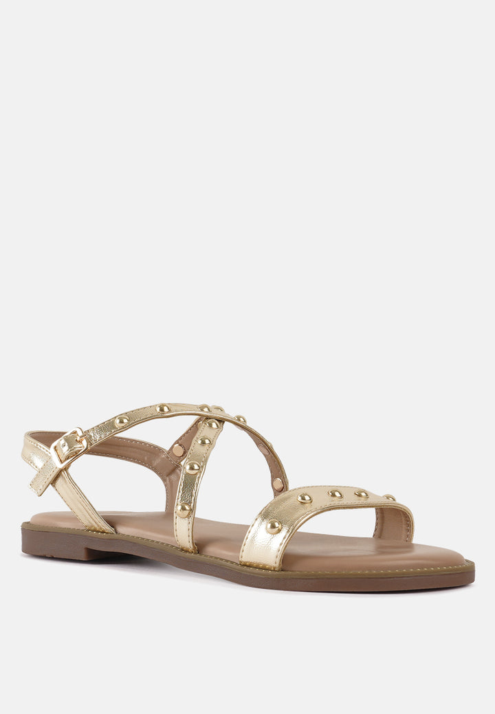 metallic faux leather strappy flats#color_gold