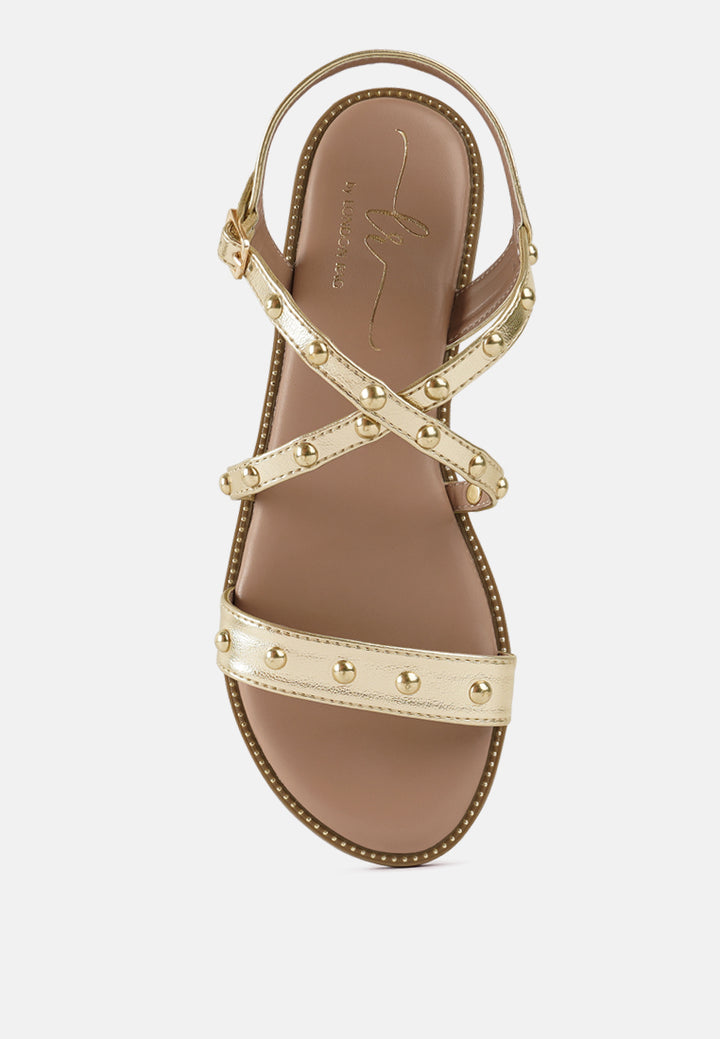 metallic faux leather strappy flats#color_gold