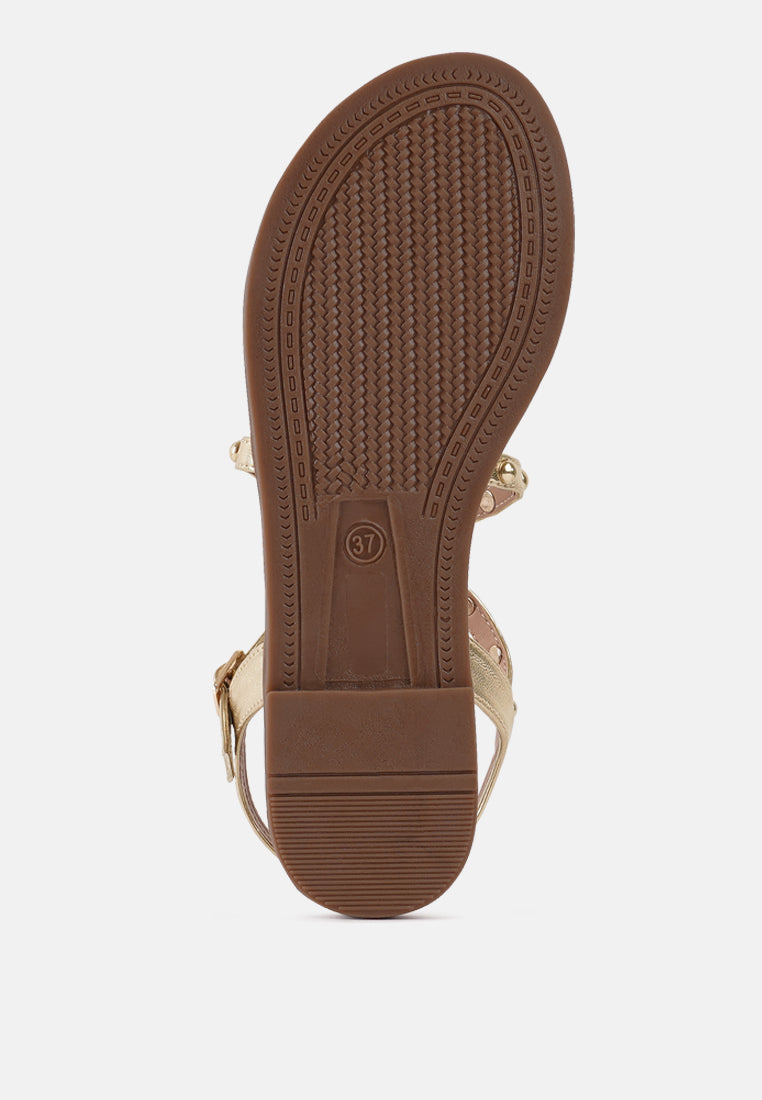 metallic faux leather strappy flats#color_gold