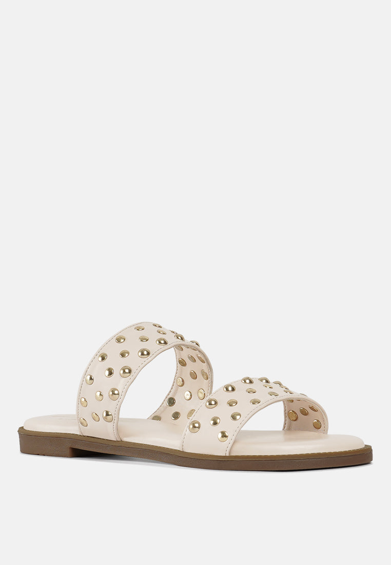 women studded faux leather slip ons#color_beige