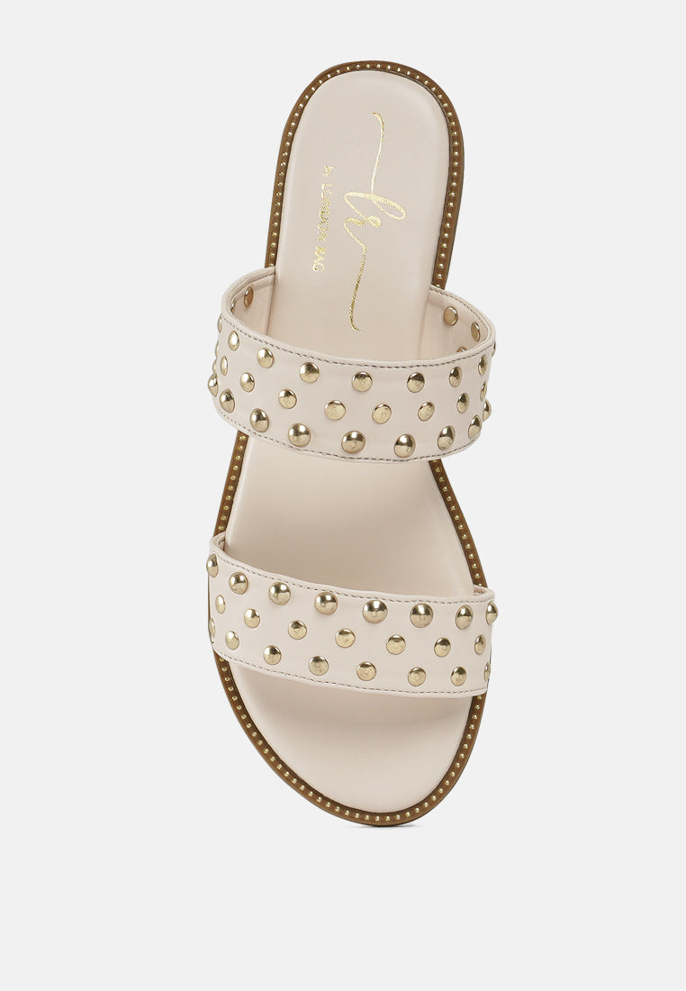 women studded faux leather slip ons#color_beige