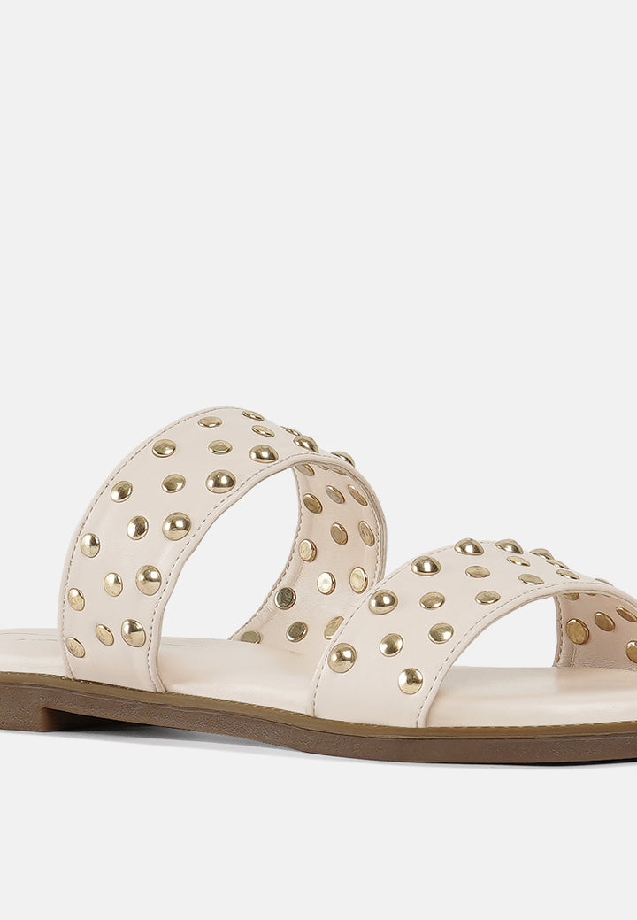 women studded faux leather slip ons#color_beige