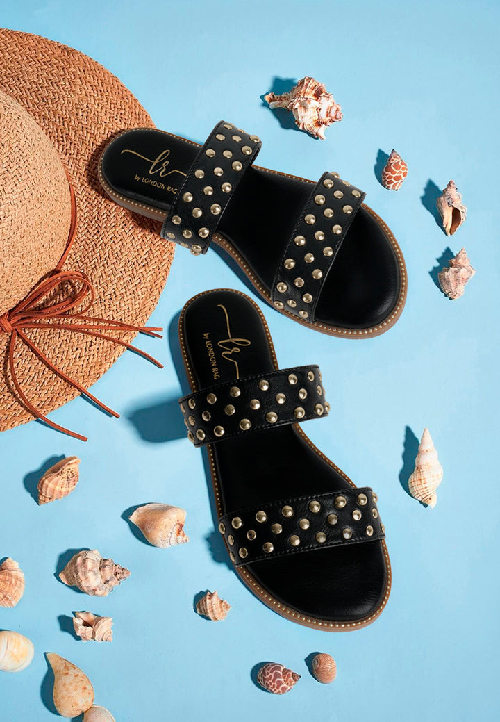 women studded faux leather slip ons#color_black