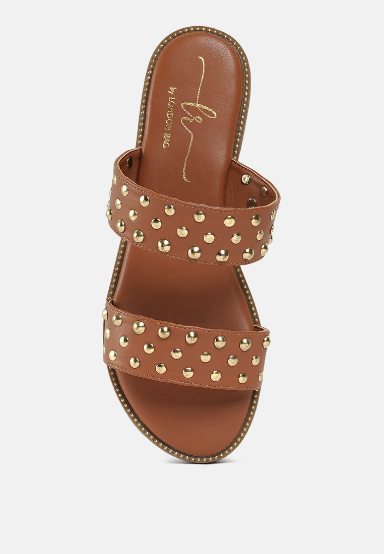 women studded faux leather slip ons#color_tan