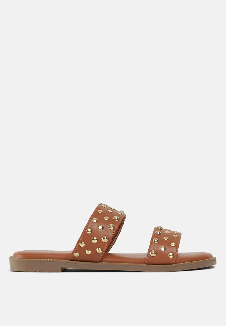 women studded faux leather slip ons#color_tan