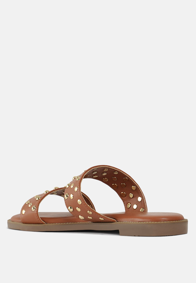 women studded faux leather slip ons#color_tan