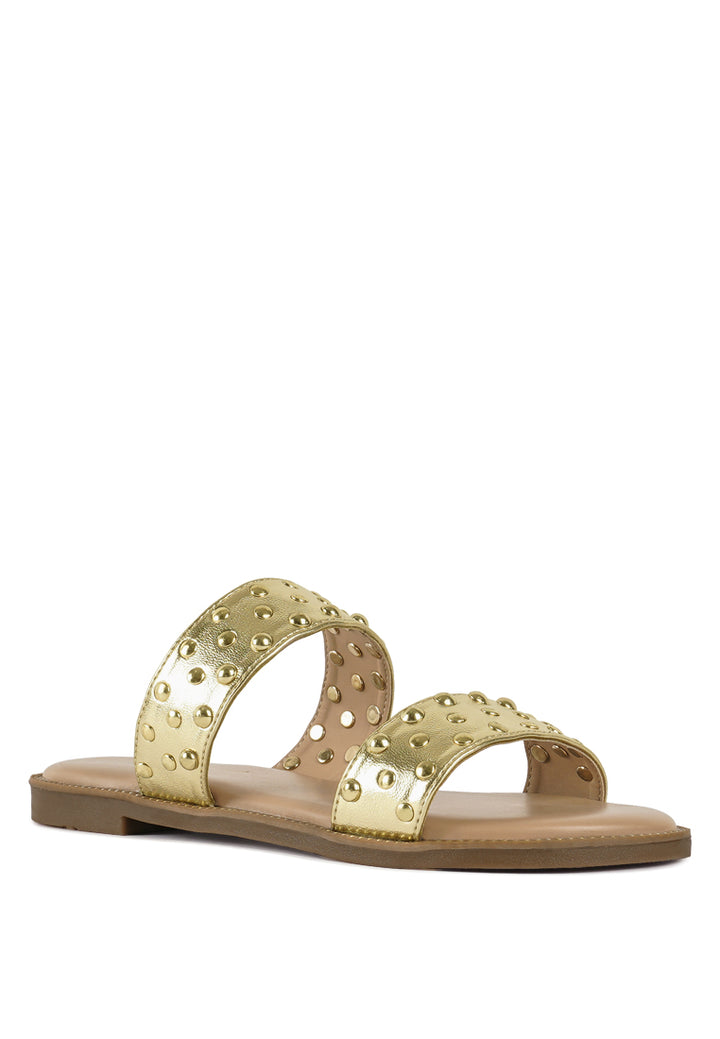 women studded metallic faux leather slip ons#color_gold