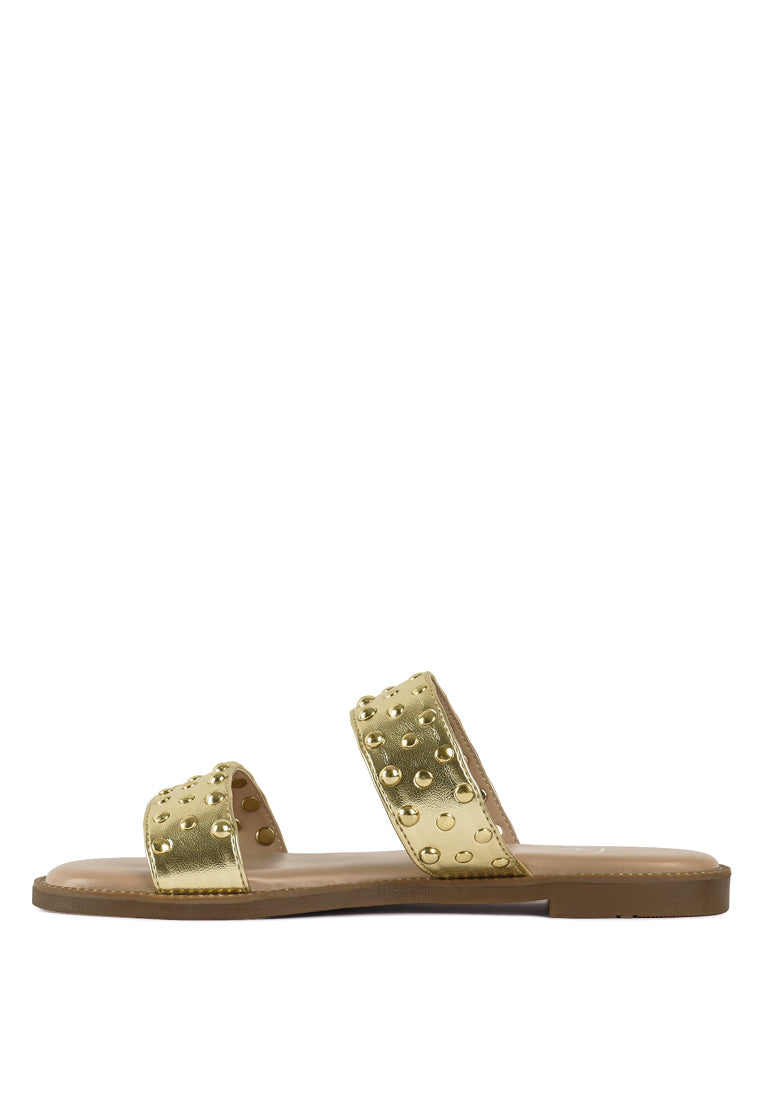 women studded metallic faux leather slip ons#color_gold