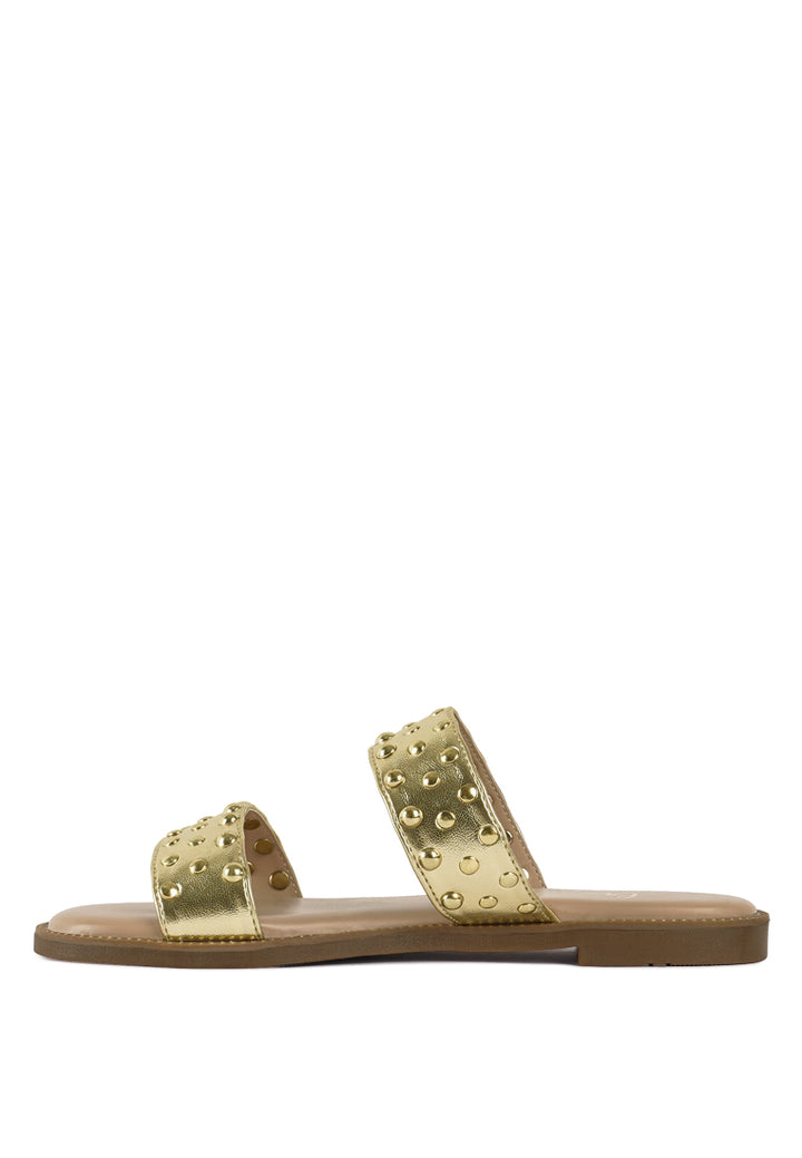 women studded metallic faux leather slip ons#color_gold