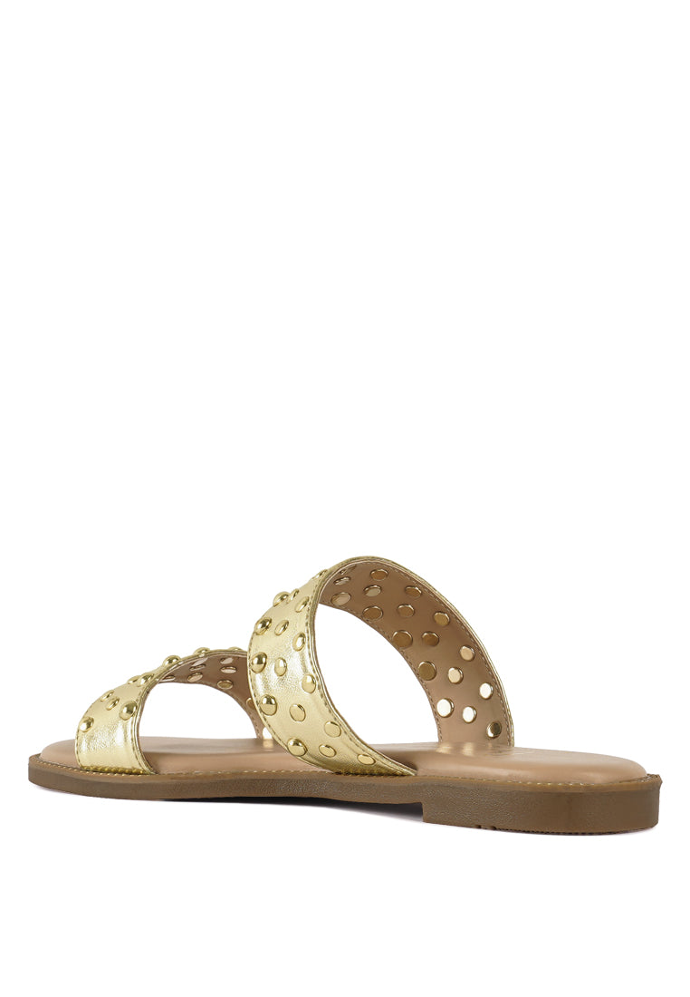 women studded metallic faux leather slip ons#color_gold