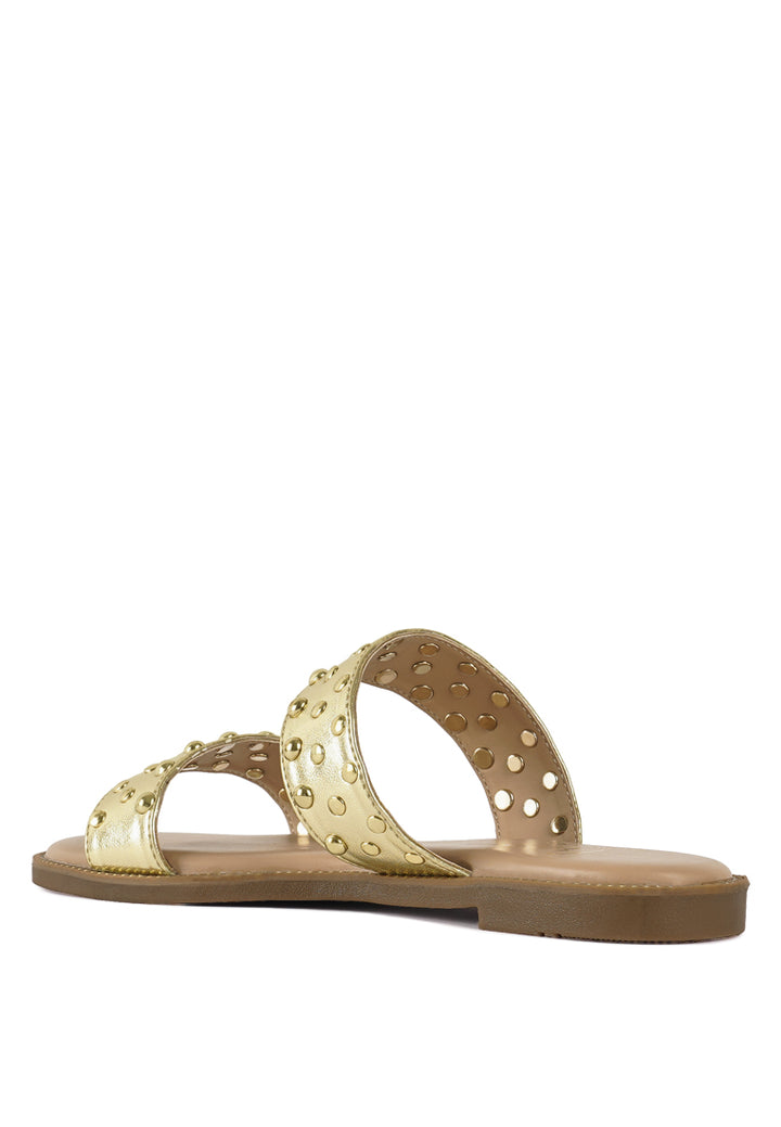 women studded metallic faux leather slip ons#color_gold